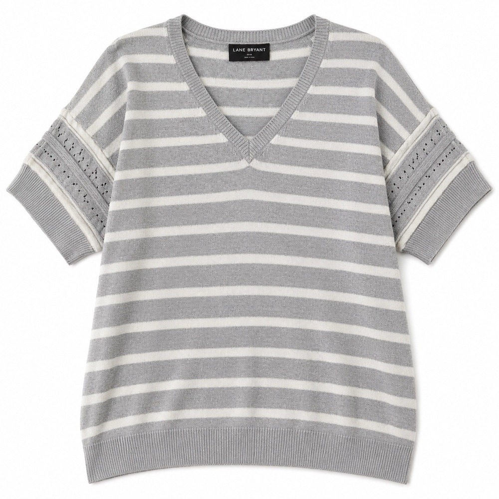 Lane Bryant Size 22/24 Gray Strip V Neck Sweater Crochet Sleeve Coastal Preppy